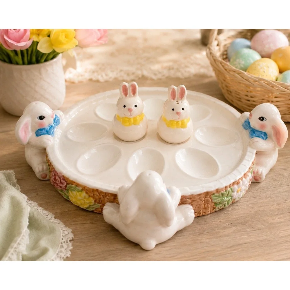 Mervyns EASTER DEVILED EGG PLATE & Bunny Rabbit SALT PEPPER SHAKERS tray dish